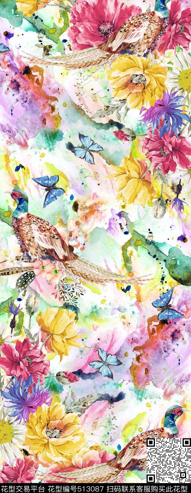 蝴蝶花鸟数码印花华亿平台下载（图片编号: 513087） - 瓦栏（Walan）