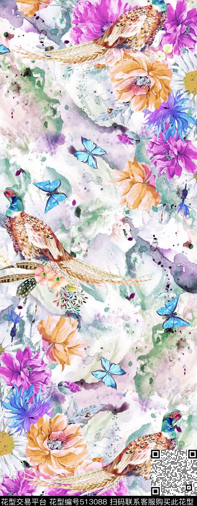 蝴蝶花鸟数码印花华亿平台下载（图片编号: 513088） - 瓦栏（Walan）