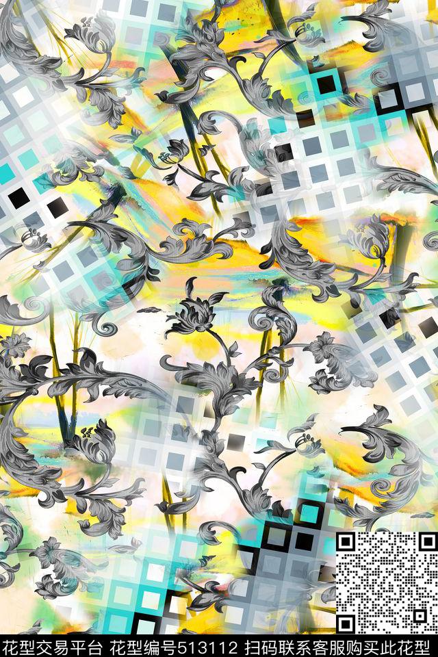 几何格子欧式花纹复古数码印花华亿平台下载（图片编号: 513112） - 瓦栏（Walan）