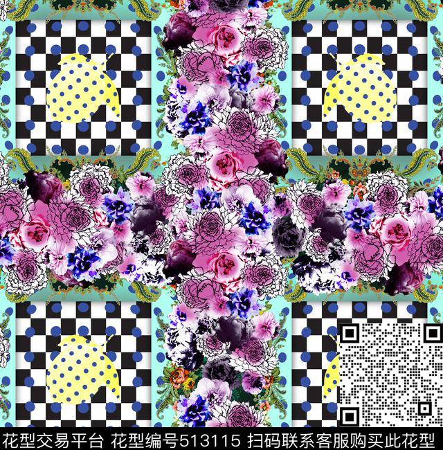 时尚花卉格子数码印花华亿平台下载（图片编号: 513115） - 瓦栏（Walan）