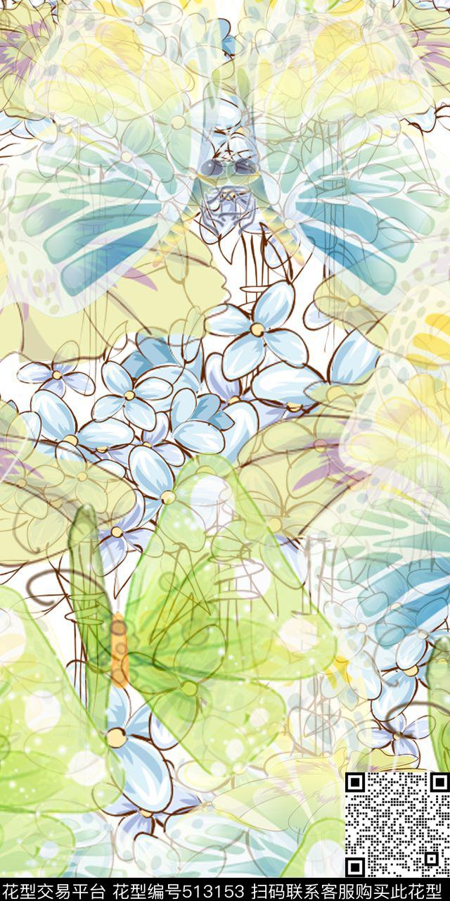 手绘蝴蝶花卉数码印花华亿平台下载（图片编号: 513153） - 瓦栏（Walan）