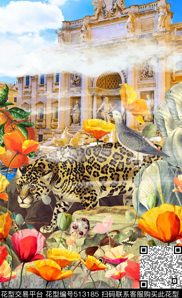 潮流时尚定位大牌花卉建筑数码印花华亿平台下载（图片编号: 513185） - 瓦栏（Walan）