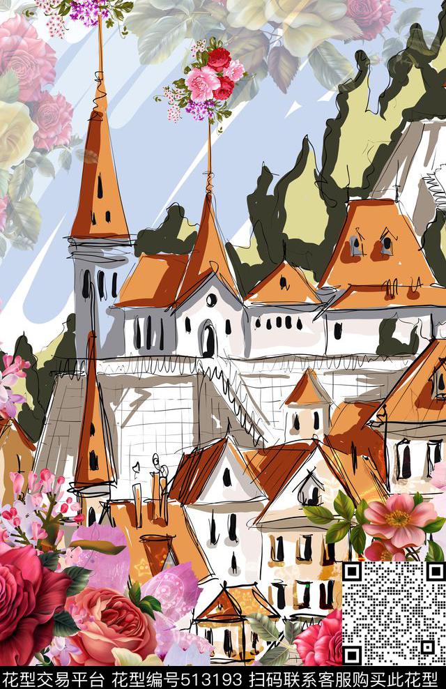 时尚建筑花卉数码印花华亿平台下载（图片编号: 513193） - 瓦栏（Walan）
