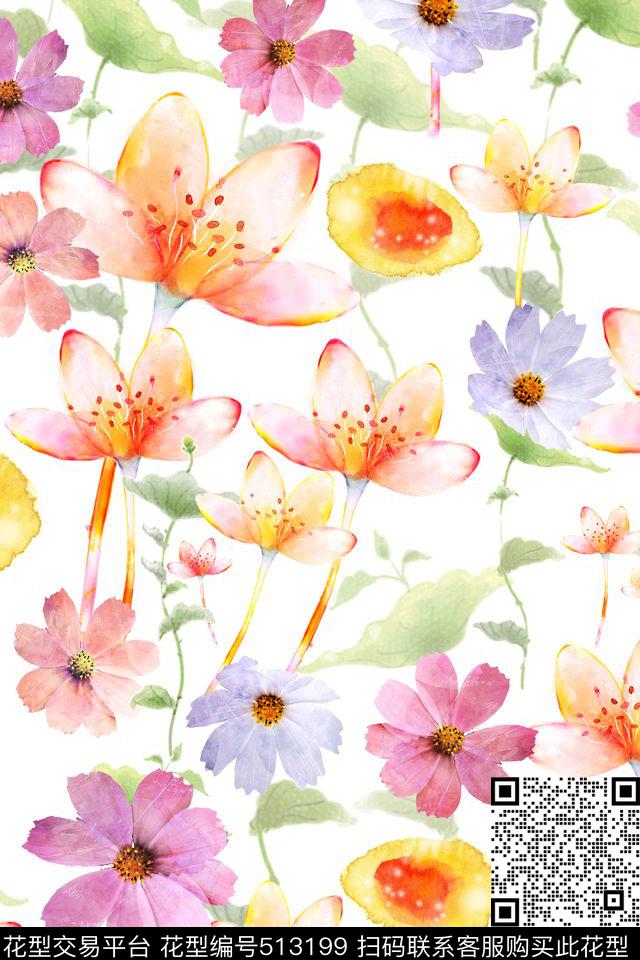 满版花卉水彩数码印花华亿平台下载（图片编号: 513199） - 瓦栏（Walan）