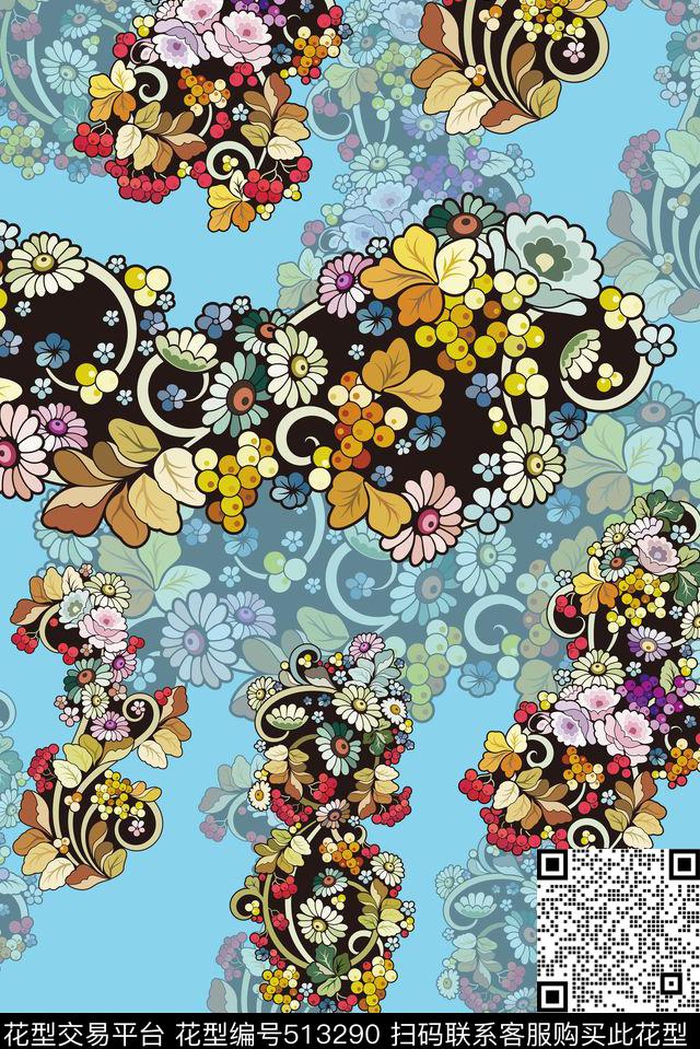 时尚扁平几何花卉传统印花华亿平台下载（图片编号: 513290） - 瓦栏（Walan）