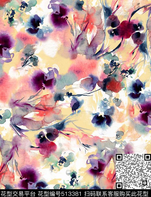 水彩花卉中国风水墨风数码印花华亿平台下载（图片编号: 513381） - 瓦栏（Walan）