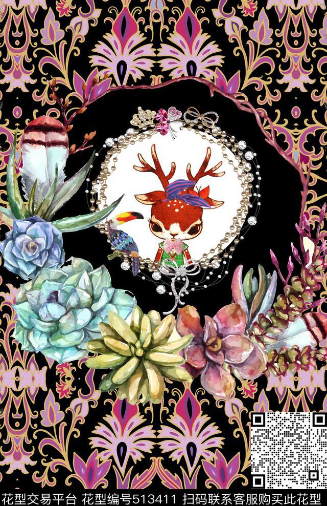 欧式花纹小鹿数码印花华亿平台下载（图片编号: 513411） - 瓦栏（Walan）