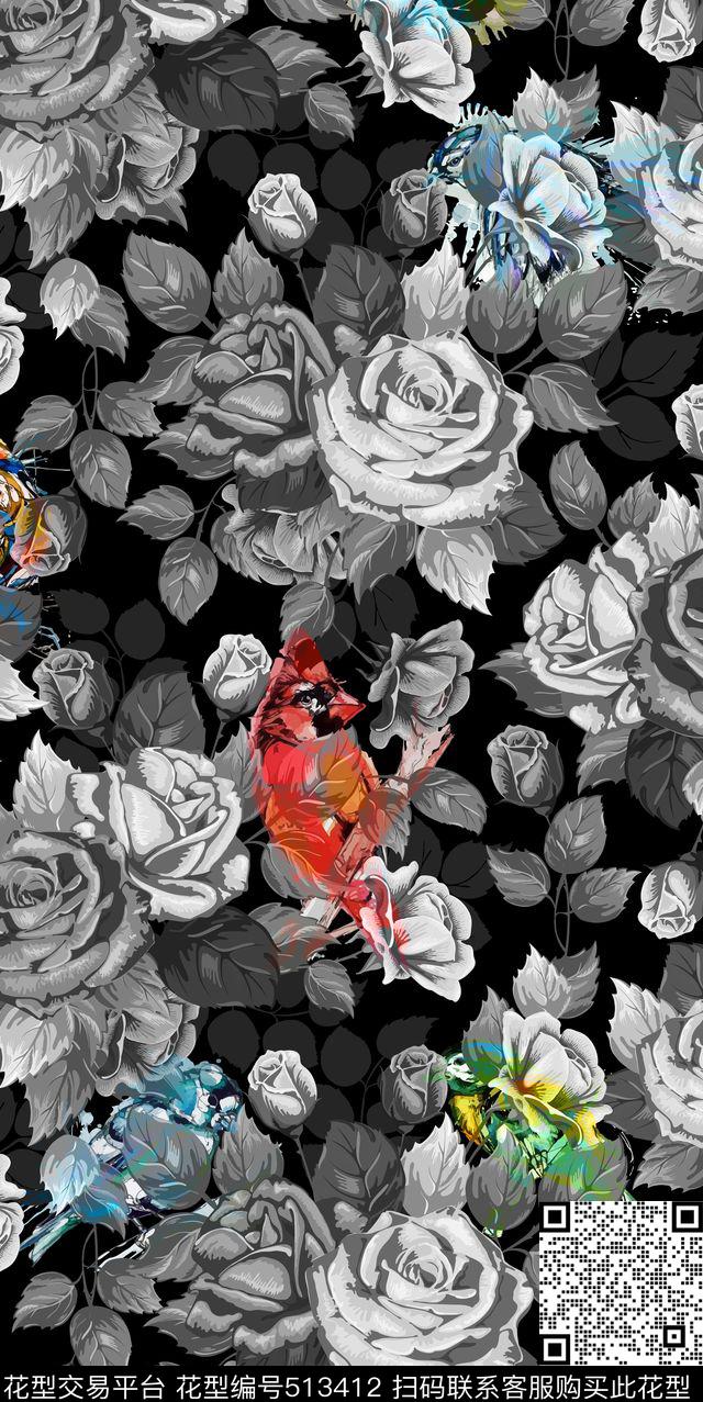 休闲时尚复古写意水彩花卉鸟组合服装面料华亿平台数码印花华亿平台下载（图片编号: 513412） - 瓦栏（Walan）