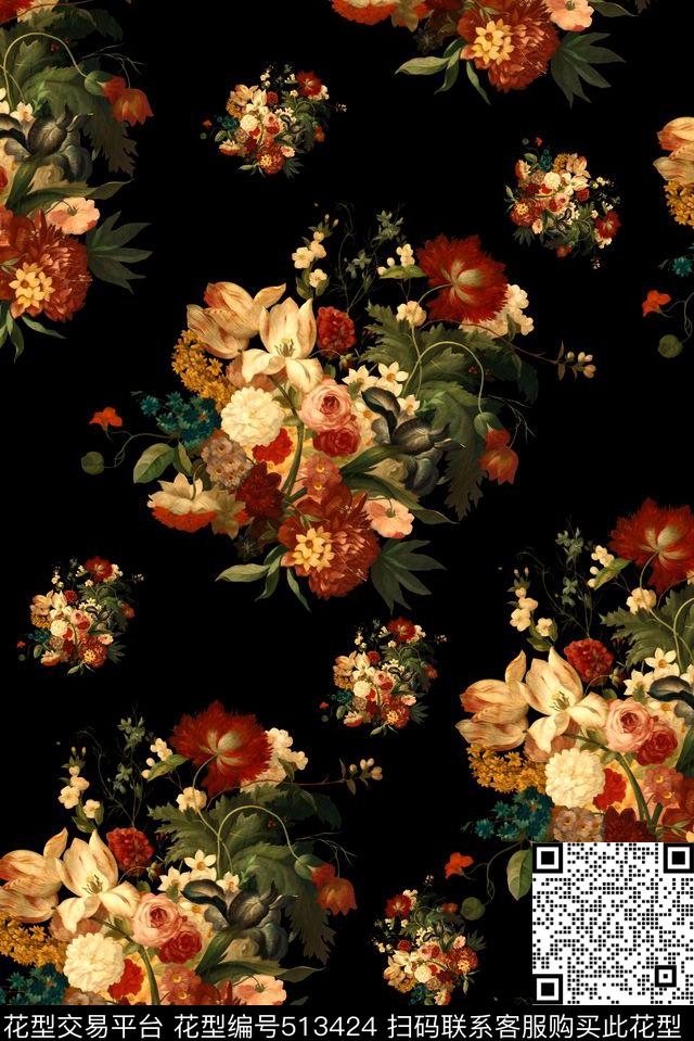 时尚黑底油画数码印花华亿平台下载（图片编号: 513424） - 瓦栏（Walan）