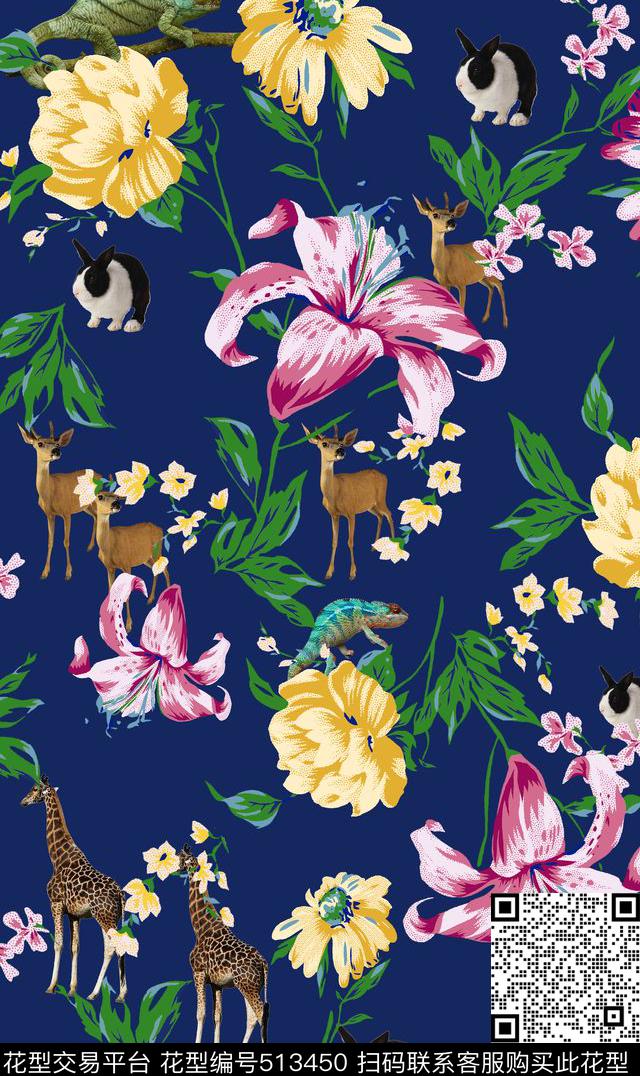 动物花卉鹿数码印花华亿平台下载（图片编号: 513450） - 瓦栏（Walan）