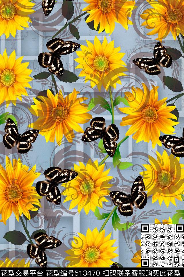 时尚流行几何向日葵数码印花华亿平台下载（图片编号: 513470） - 瓦栏（Walan）