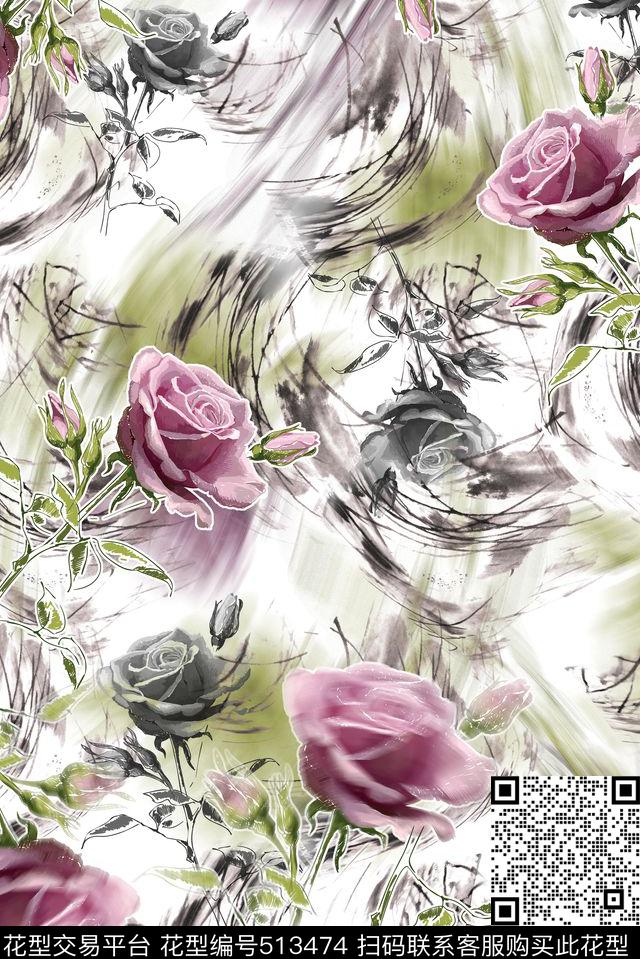 玫瑰颓废数码印花华亿平台下载（图片编号: 513474） - 瓦栏（Walan）