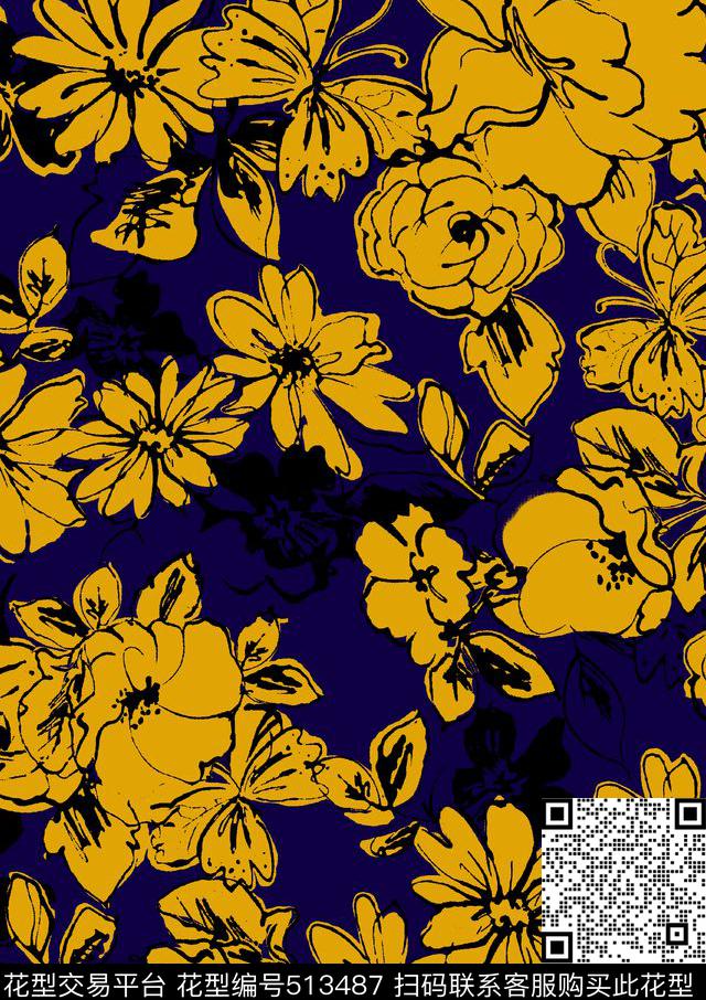 传统印花花卉线条花卉传统印花华亿平台下载（图片编号: 513487） - 瓦栏（Walan）