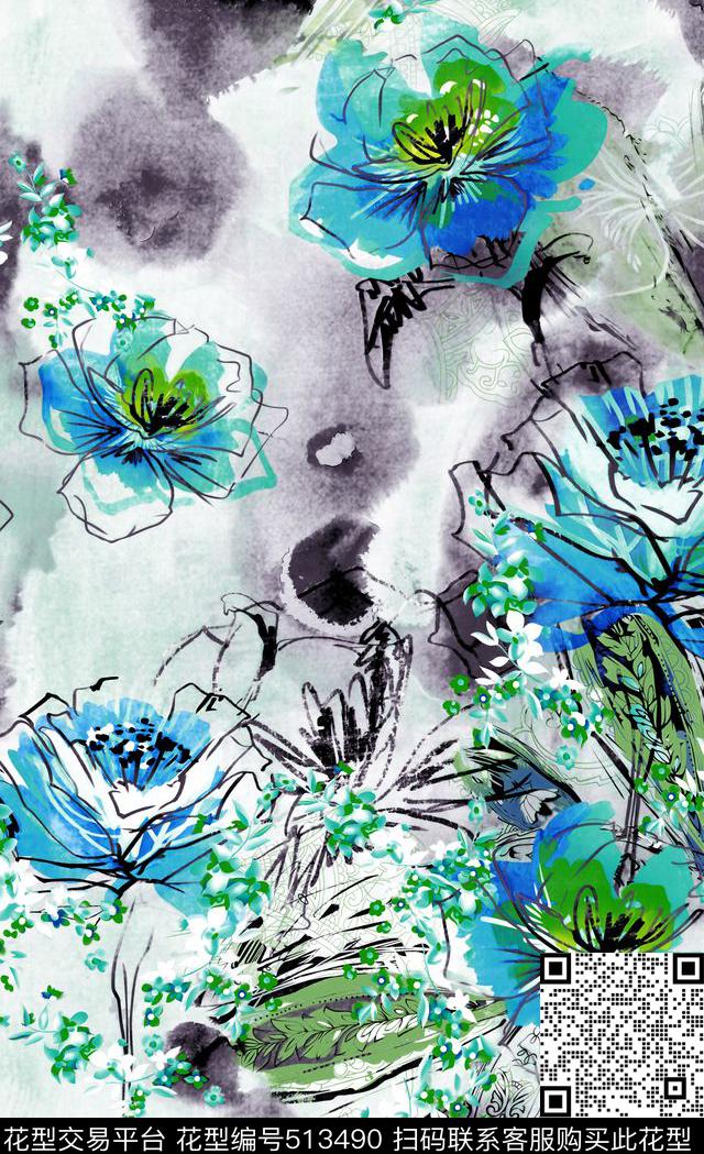 现代花卉组合数码印花华亿平台下载（图片编号: 513490） - 瓦栏（Walan）