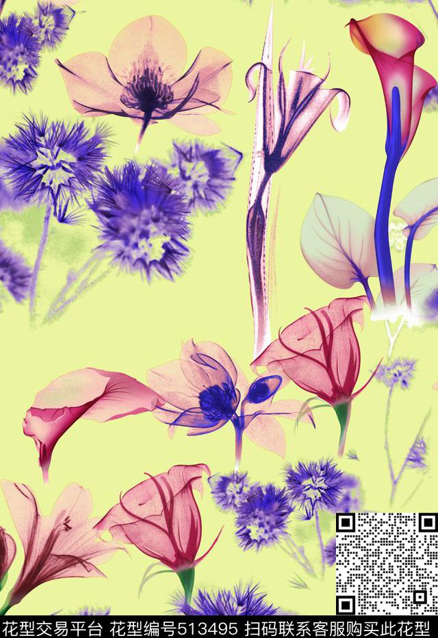 现代花卉抽象数码印花华亿平台下载（图片编号: 513495） - 瓦栏（Walan）
