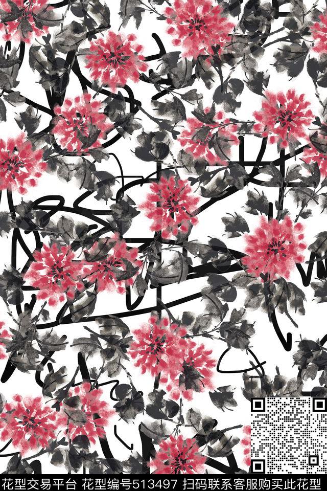 抽象花卉流行时尚数码印花华亿平台下载（图片编号: 513497） - 瓦栏（Walan）