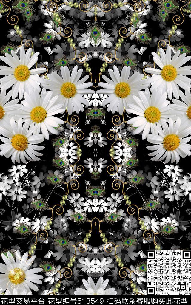 雏菊黑白孔雀羽毛数码印花华亿平台下载（图片编号: 513549） - 瓦栏（Walan）