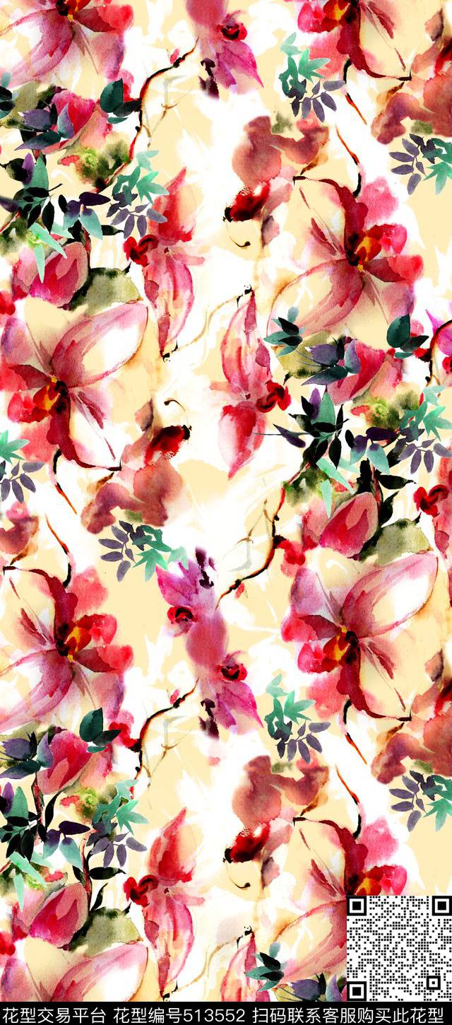 花卉女装手绘数码印花华亿平台下载（图片编号: 513552） - 瓦栏（Walan）