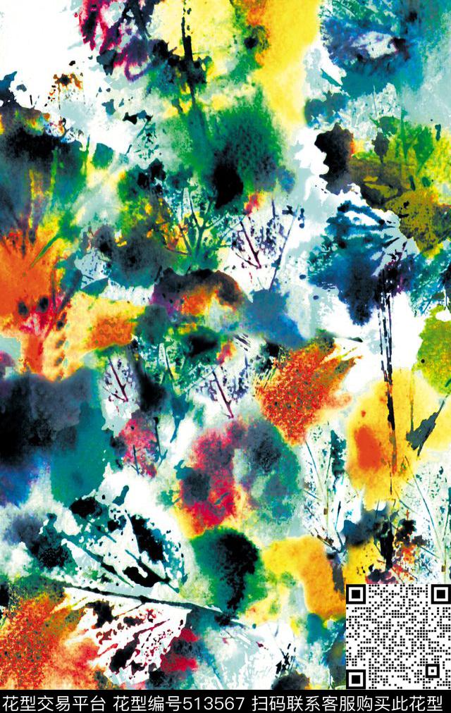 手绘泼墨树叶数码印花华亿平台下载（图片编号: 513567） - 瓦栏（Walan）