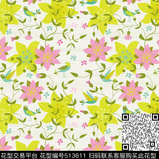 清新自然碎花小鸟传统印花华亿平台下载（图片编号: 513611） - 瓦栏（Walan）