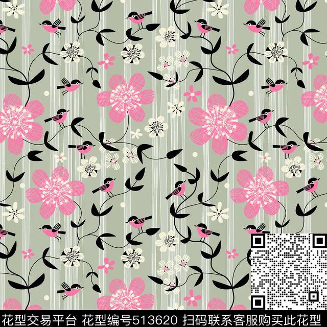 清新自然小碎花小鸟传统印花华亿平台下载（图片编号: 513620） - 瓦栏（Walan）