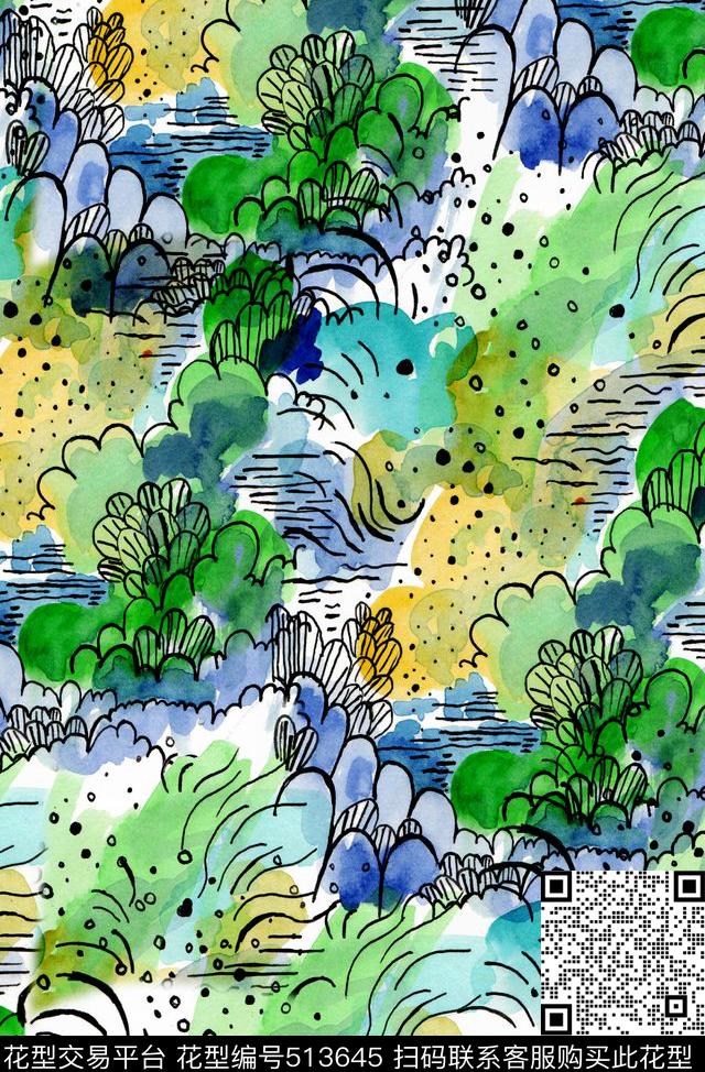 童装手绘水彩山水数码印花华亿平台下载（图片编号: 513645） - 瓦栏（Walan）