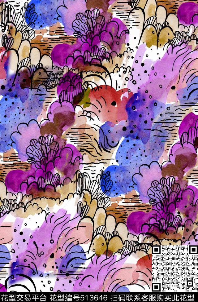 童装手绘水彩山水数码印花华亿平台下载（图片编号: 513646） - 瓦栏（Walan）