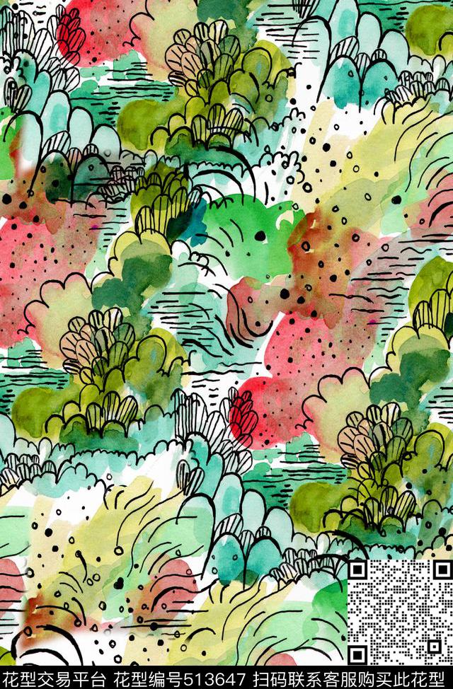 童装手绘水彩山水数码印花华亿平台下载（图片编号: 513647） - 瓦栏（Walan）
