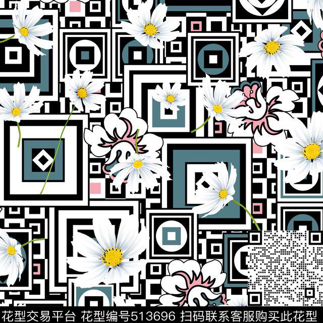 潮流时尚风格化几何花卉菊花数码印花华亿平台下载（图片编号: 513696） - 瓦栏（Walan）