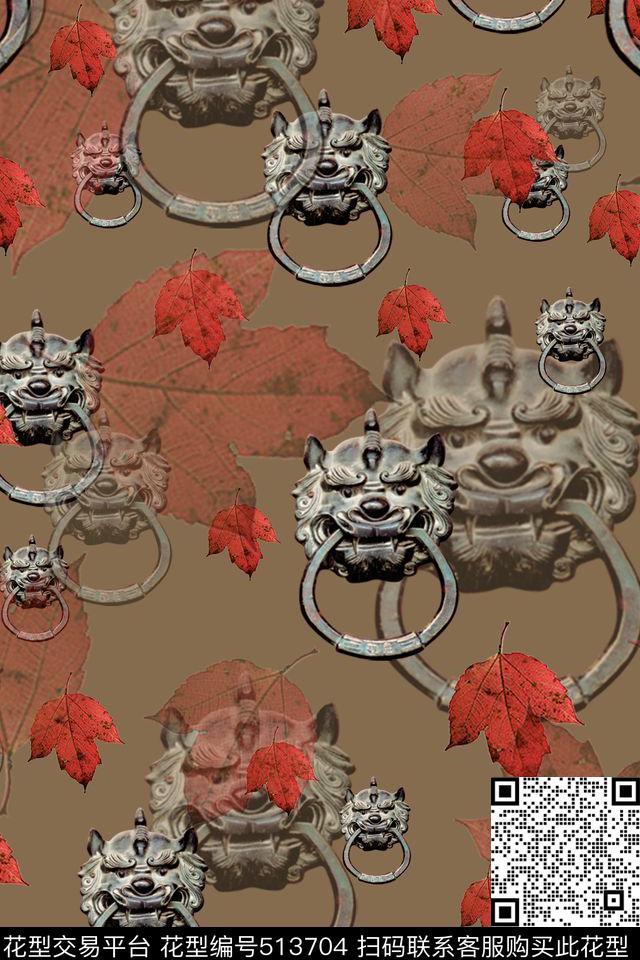 中国风麒麟枫叶数码印花华亿平台下载（图片编号: 513704） - 瓦栏（Walan）