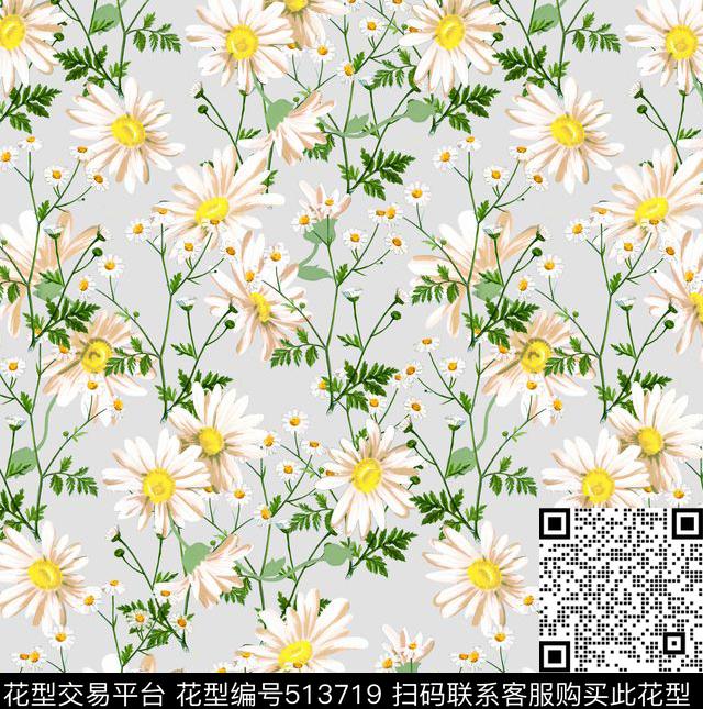 潮流时尚手绘野菊花卉数码印花华亿平台下载（图片编号: 513719） - 瓦栏（Walan）