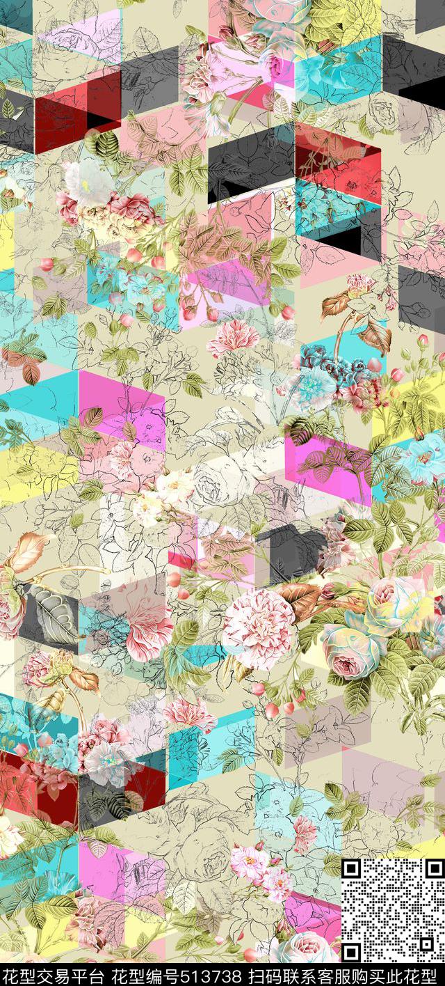 现代花卉组合几何底纹数码印花华亿平台下载（图片编号: 513738） - 瓦栏（Walan）