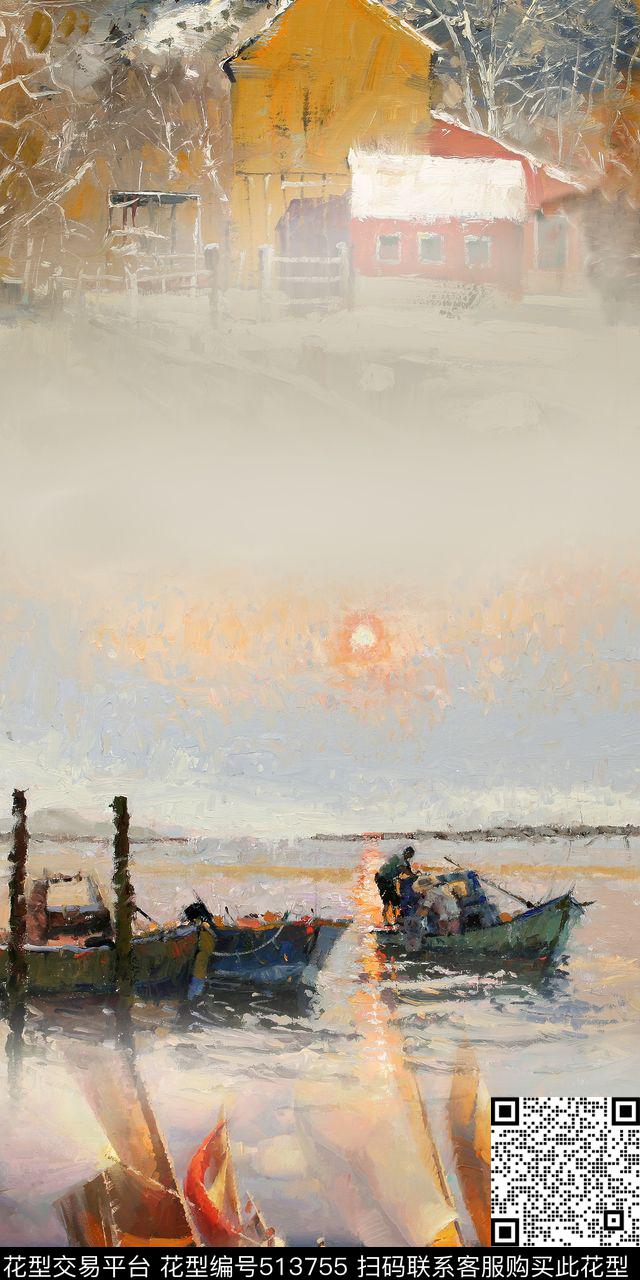 油画风景流行时尚数码印花华亿平台下载（图片编号: 513755） - 瓦栏（Walan）