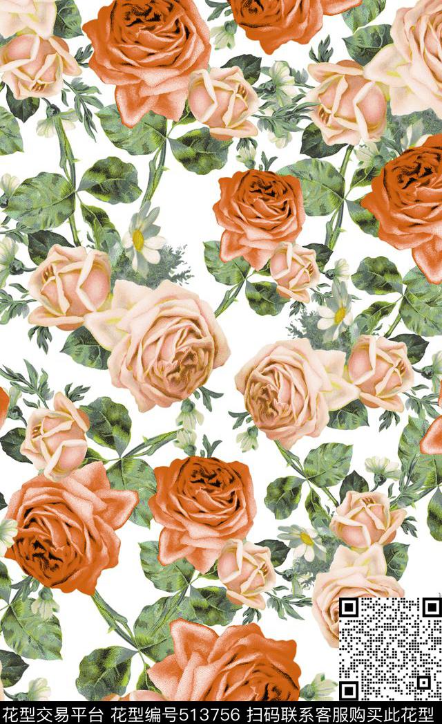 手绘油画手绘玫瑰花数码印花华亿平台下载（图片编号: 513756） - 瓦栏（Walan）