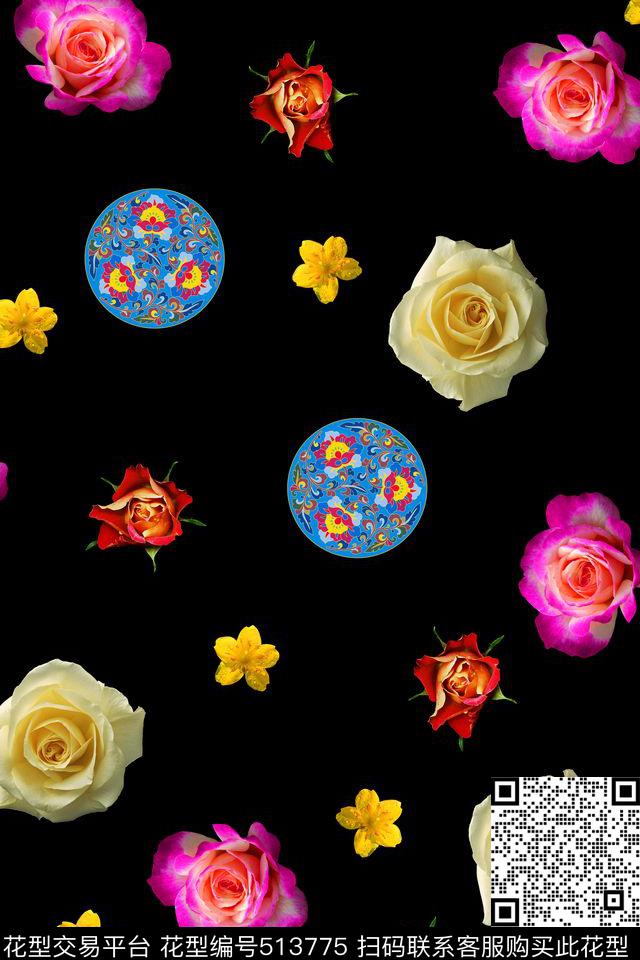 满版写实花卉玫瑰数码印花华亿平台下载（图片编号: 513775） - 瓦栏（Walan）