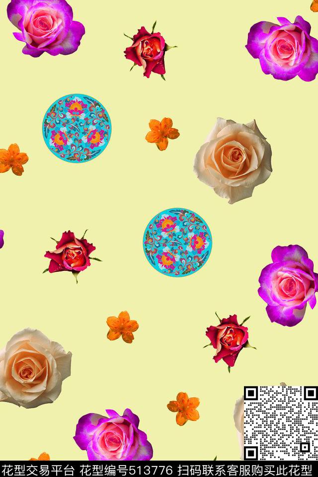 满版写实花卉玫瑰数码印花华亿平台下载（图片编号: 513776） - 瓦栏（Walan）