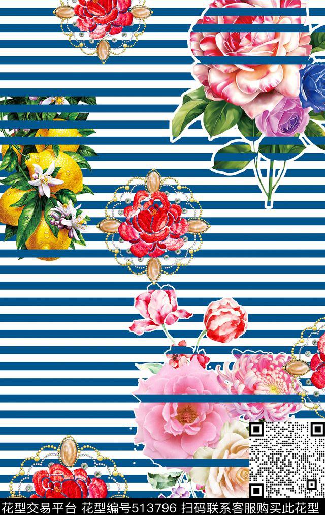 MAX-大牌风格流行时尚抽象花卉横条纹数码印花华亿平台下载（图片编号: 513796） - 瓦栏（Walan）