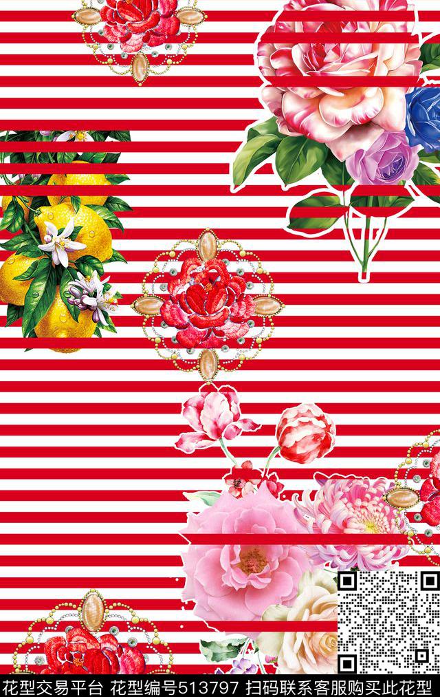 MAX-大牌风格流行时尚抽象花卉横条纹数码印花华亿平台下载（图片编号: 513797） - 瓦栏（Walan）