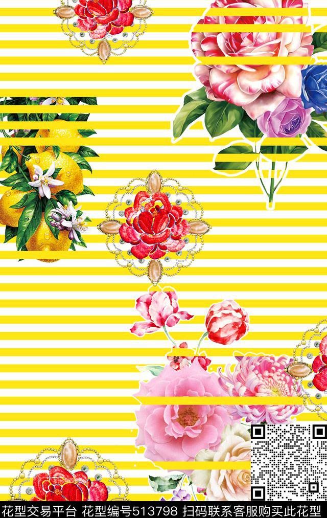 MAX-大牌风格流行时尚抽象花卉横条纹数码印花华亿平台下载（图片编号: 513798） - 瓦栏（Walan）