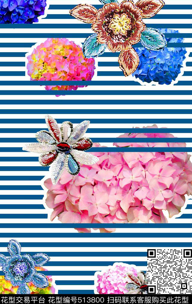 MAX-大牌风格流行时尚抽象花卉珠片横条纹数码印花华亿平台下载（图片编号: 513800） - 瓦栏（Walan）