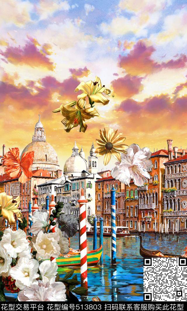 时尚油画风景定位数码印花华亿平台下载（图片编号: 513803） - 瓦栏（Walan）