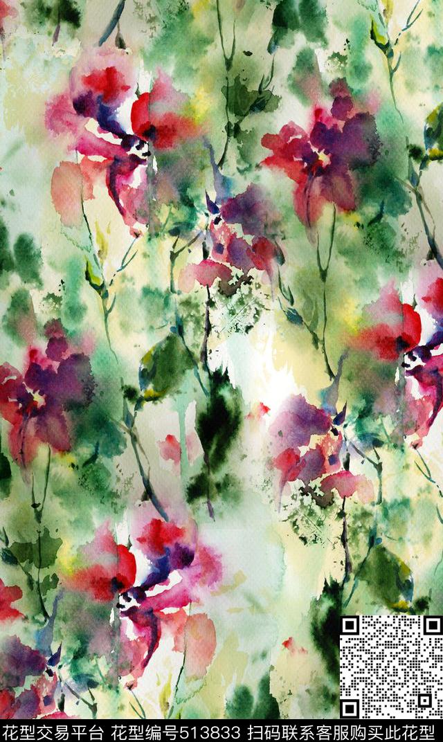 手绘水彩花卉数码印花华亿平台下载（图片编号: 513833） - 瓦栏（Walan）
