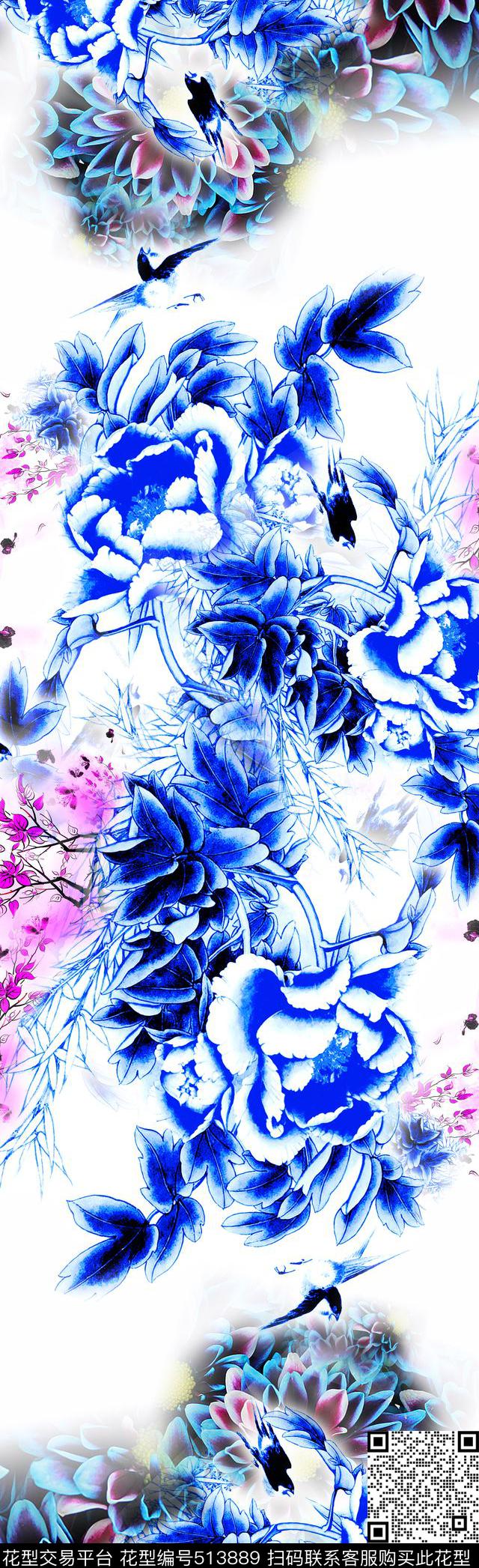 长巾大牌长巾群花飞舞长巾数码印花华亿平台下载（图片编号: 513889） - 瓦栏（Walan）