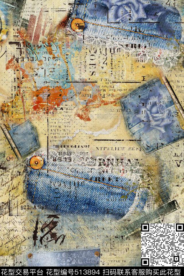 牛仔布口袋蕾丝花仿旧牛仔数码印花华亿平台下载（图片编号: 513894） - 瓦栏（Walan）