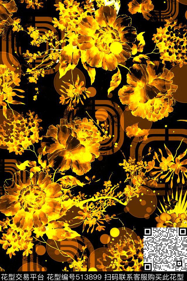 抽象复古金色花卉大牌衬衫女士长裙数码印花华亿平台下载（图片编号: 513899） - 瓦栏（Walan）