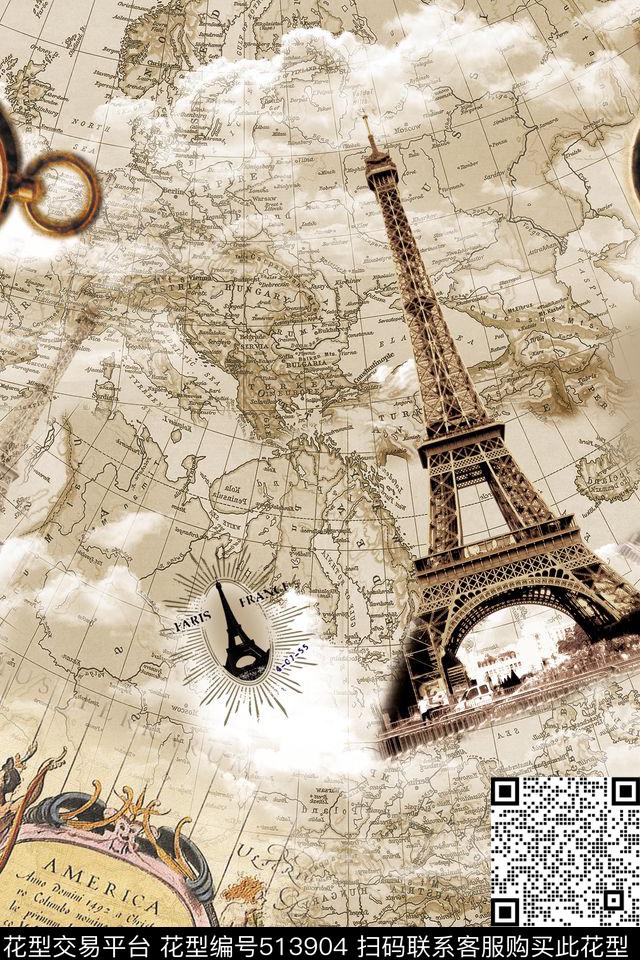 地图指南针埃菲尔铁塔数码印花华亿平台下载（图片编号: 513904） - 瓦栏（Walan）