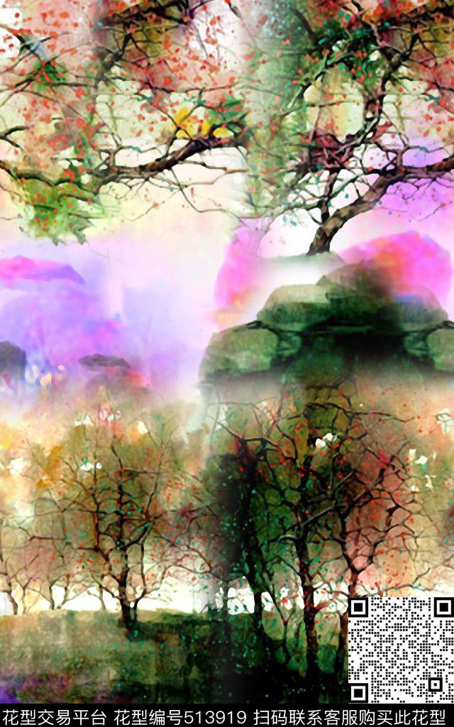 风景画水彩山水数码印花华亿平台下载（图片编号: 513919） - 瓦栏（Walan）