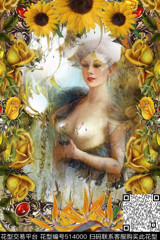 油画美人花卉数码印花华亿平台下载（图片编号: 514000） - 瓦栏（Walan）