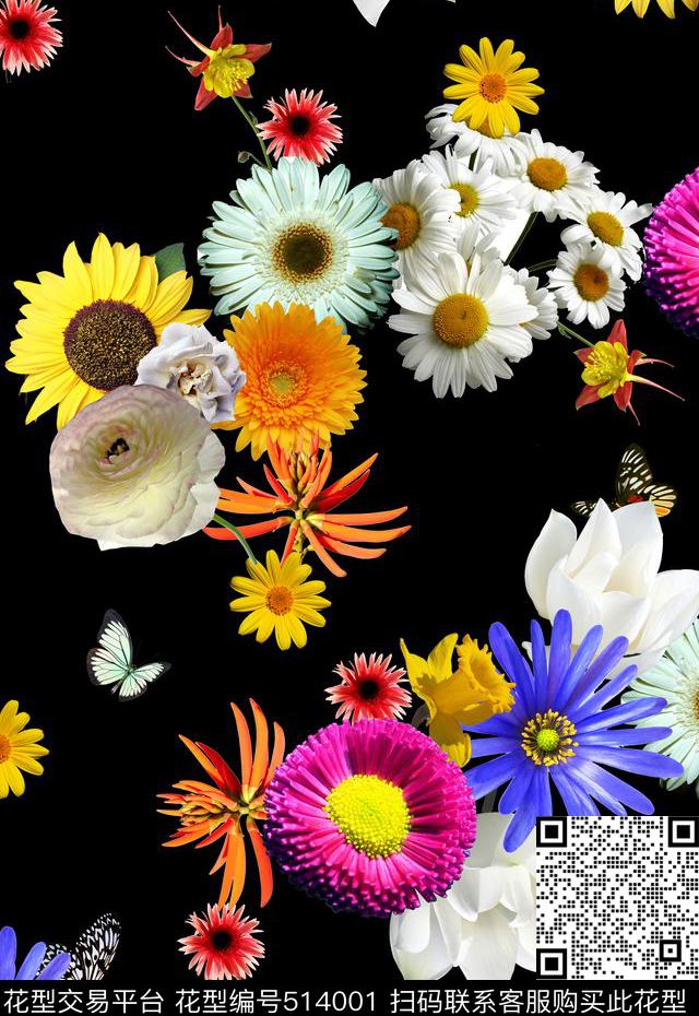 蝴蝶花卉菊花数码印花华亿平台下载（图片编号: 514001） - 瓦栏（Walan）
