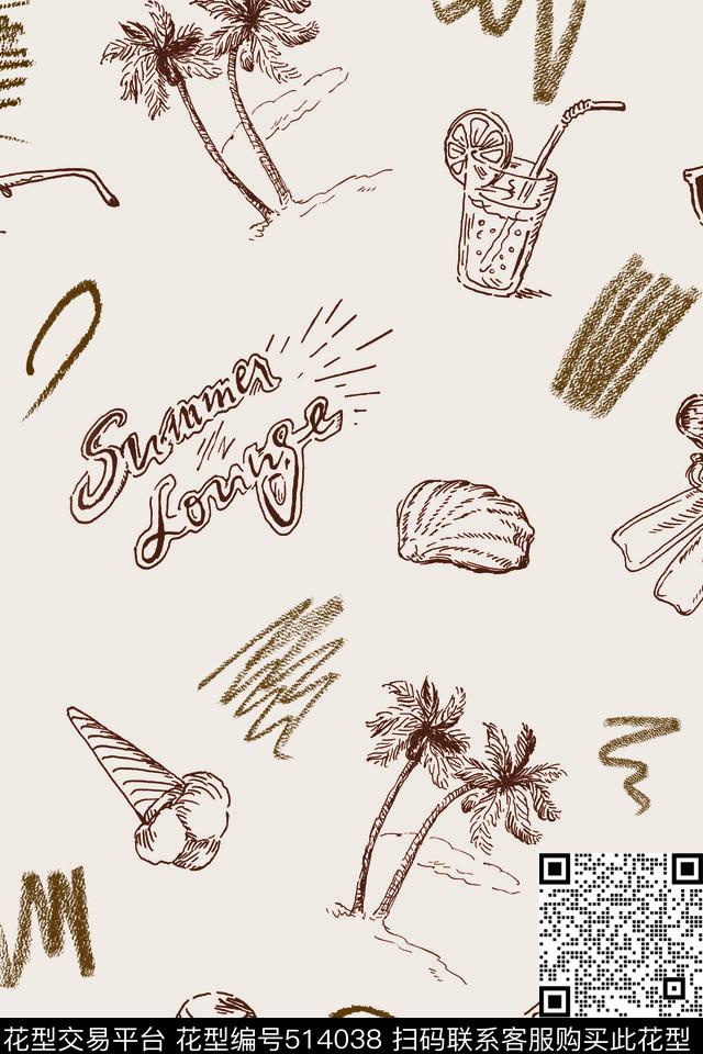 椰子树D-清新田园趣味传统印花华亿平台下载（图片编号: 514038） - 瓦栏（Walan）
